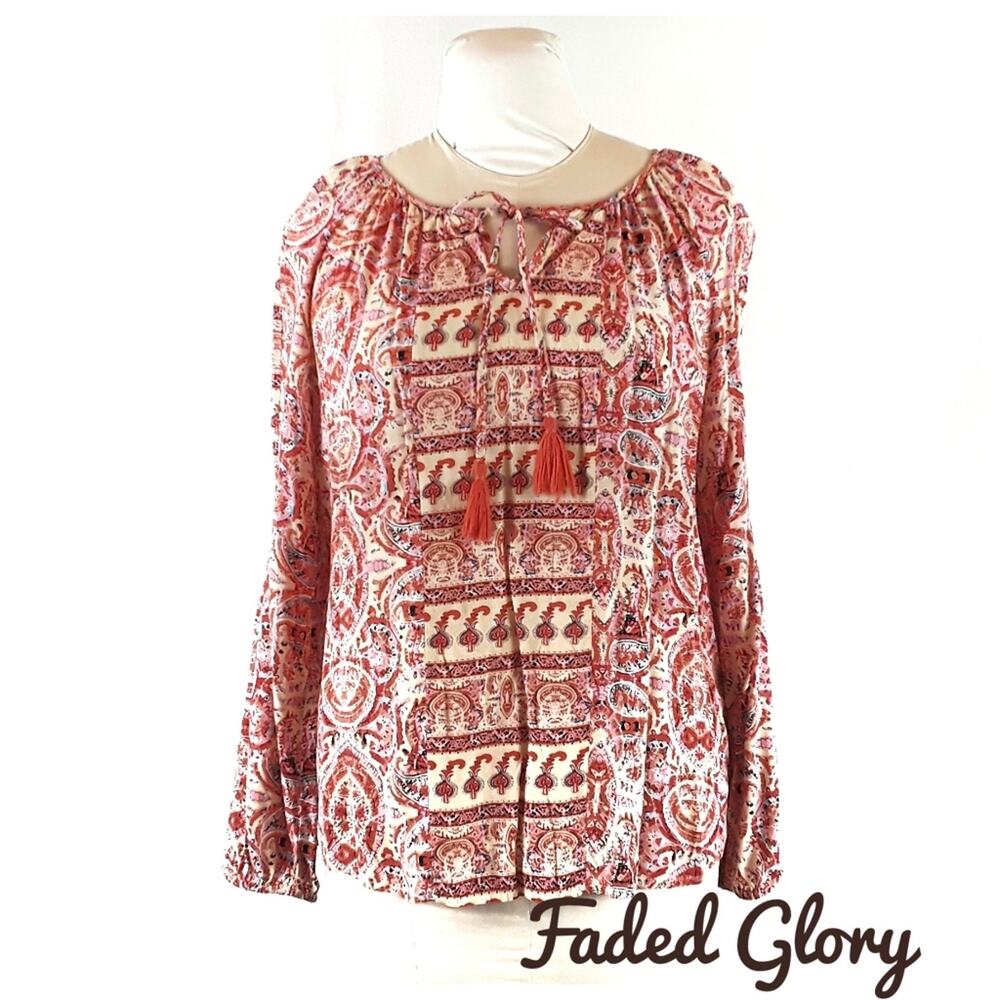 FADED GLORY Soft Coral Pink Loose Peasant Top Size M Hippie Retro Boho Cottage